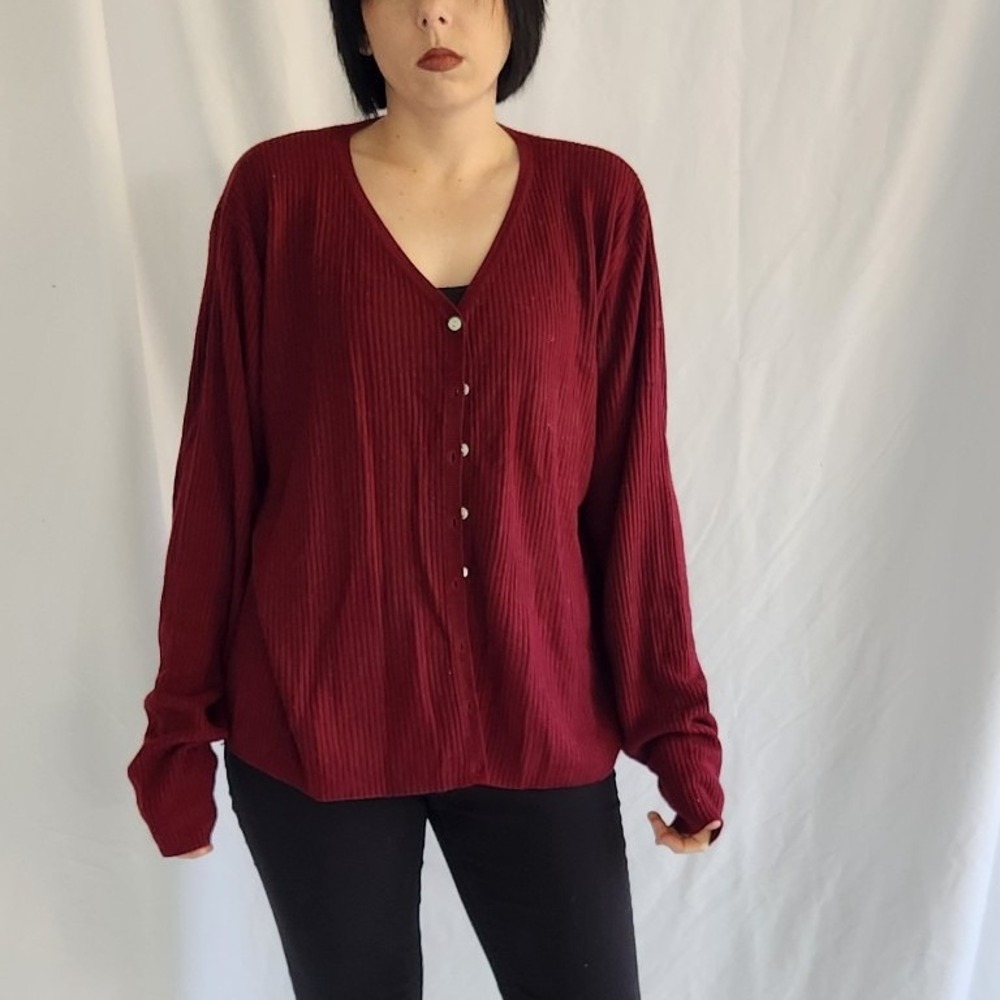 90s Burgundy Ribbed Cardigan - Picture 1 of 4